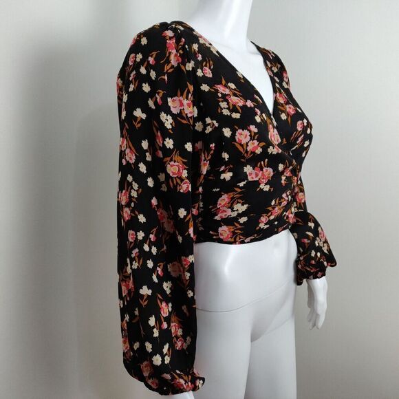 A.L.C. Carla Floral Print Wrap Top Size 2 Black Pink 100% Silk Crepe Blouse - Picture 5 of 15